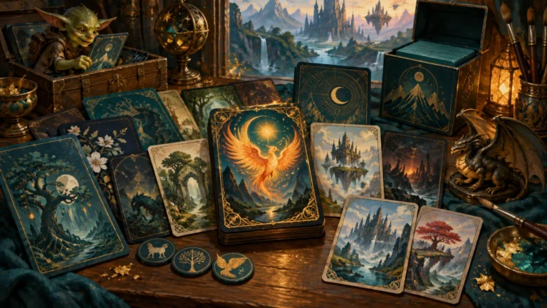 Painterly fantasy still life of a goblin collector arranging ornate illustrated cards, matching teal deck boxes and tokens, a small dragon figurine, brushes, and gold accents on a table before a floating-castle landscape.