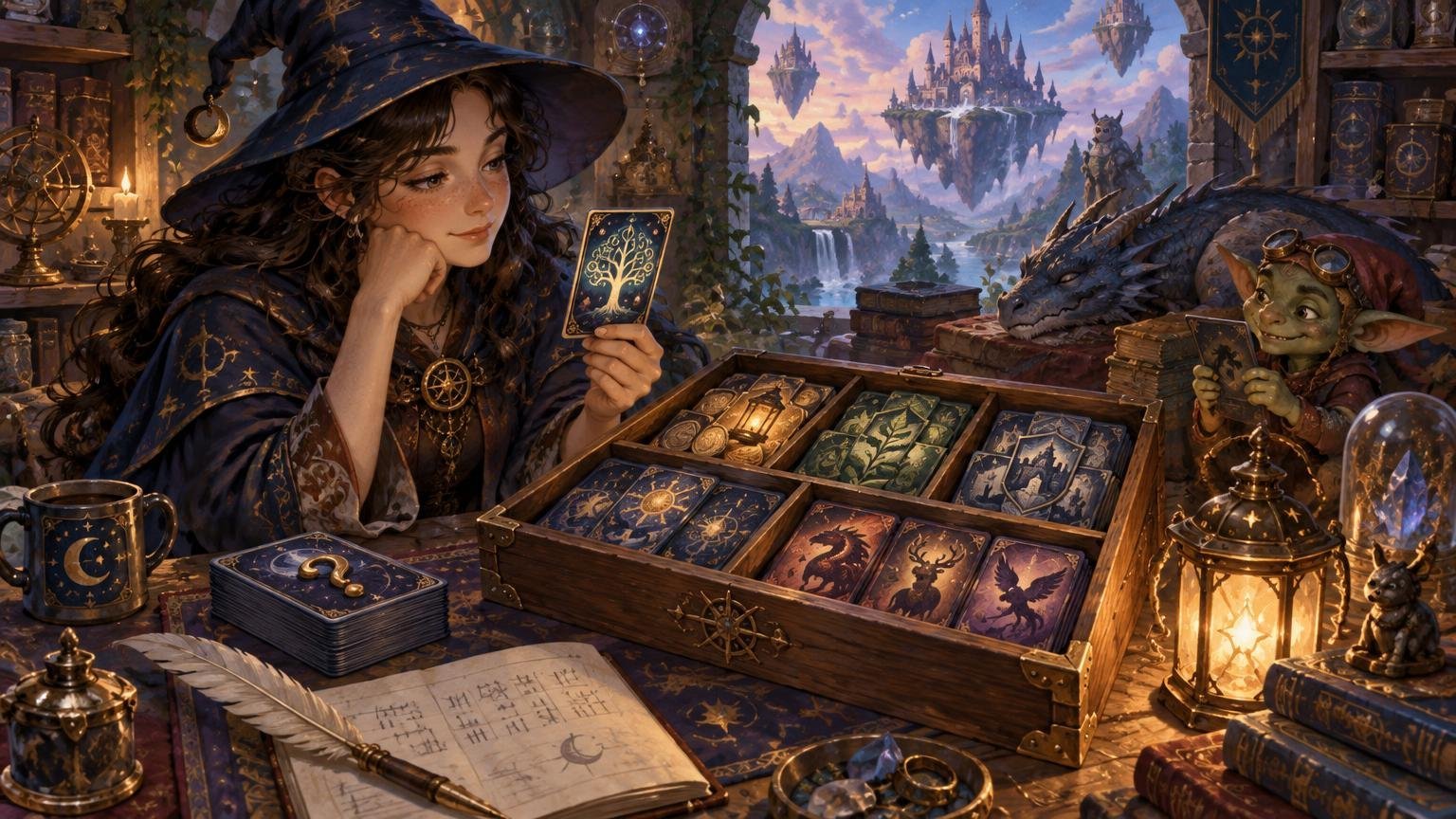 Fantasy illustration of a witch-like collector and a goggle-wearing goblin sorting ornate card decks in a compartmented wooden box beside a sleeping dragon, lanterns, books, and a floating castle landscape.