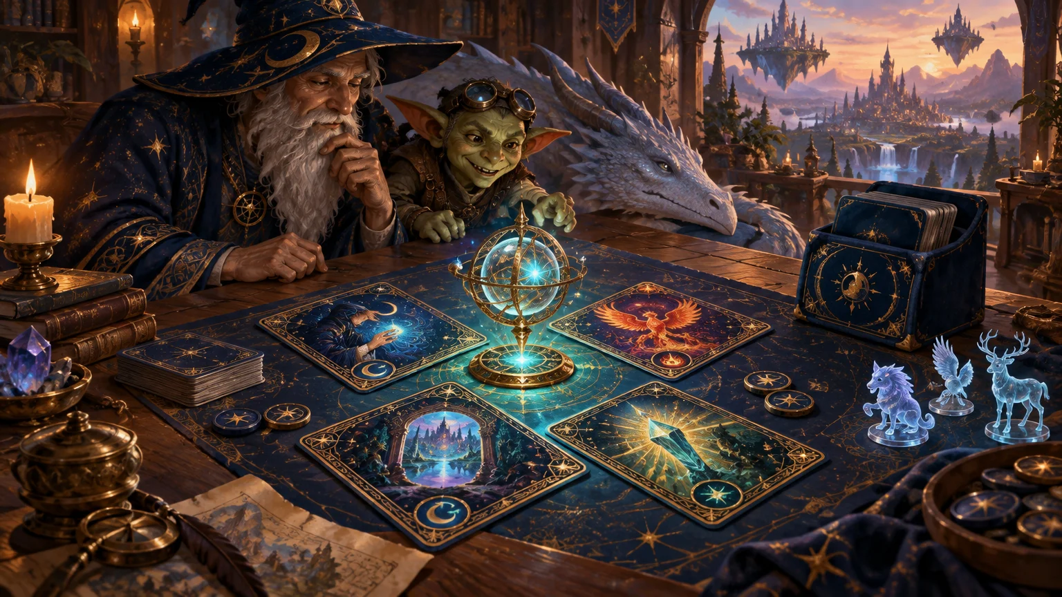 Painterly fantasy scene of a wizard, a goggled goblin, and a pale dragon gathered around a table of ornate illustrated cards, glowing astrolabe, tokens, and a blue card case, with floating castles beyond the window.