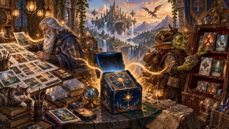 Fantasy illustration of a white-haired wizard reviewing art prints and card-sized pieces beside a glowing decorated box, while a goblin collector displays illustrated cards in a treasure-filled room overlooking a floating castle and mountains.