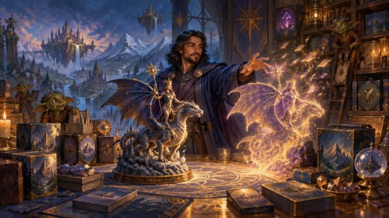 Painterly fantasy scene of a robed wizard in a treasure-filled study conjuring a glowing duplicate dragon rider above a table covered with ornate card decks, collector cases, dice, and goblin figurines; floating castles and mountains appear beyond the window.