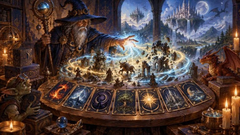 Painterly fantasy scene of a wizard casting swirling blue and gold magic over a tabletop miniature battlefield, with illustrated card backs arranged in front, a goblin collector at left, a dragon at right, and floating castles beyond an arched window.