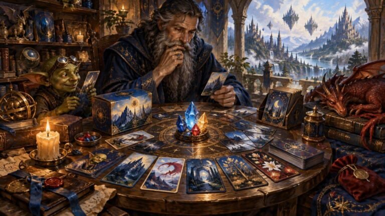 A gray-bearded wizard and a goggle-wearing goblin sort illustrated fantasy cards around a candlelit table, with blue, gold, and red crystals, decorated deck boxes, a resting red dragon, and floating castles visible through an arched window.