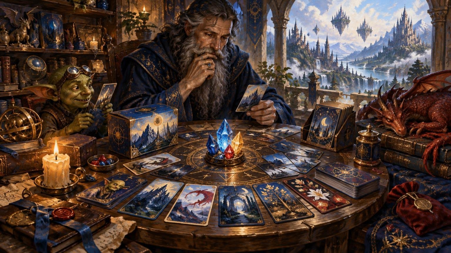 A gray-bearded wizard and a goggle-wearing goblin sort illustrated fantasy cards around a candlelit table, with blue, gold, and red crystals, decorated deck boxes, a resting red dragon, and floating castles visible through an arched window.