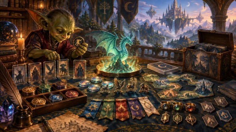Painterly fantasy scene of a green goblin collector arranging illustrated cards, round tokens, miniature creature figures, banners, and a glowing blue dragon centerpiece on a table, with a floating castle landscape beyond an arched balcony.