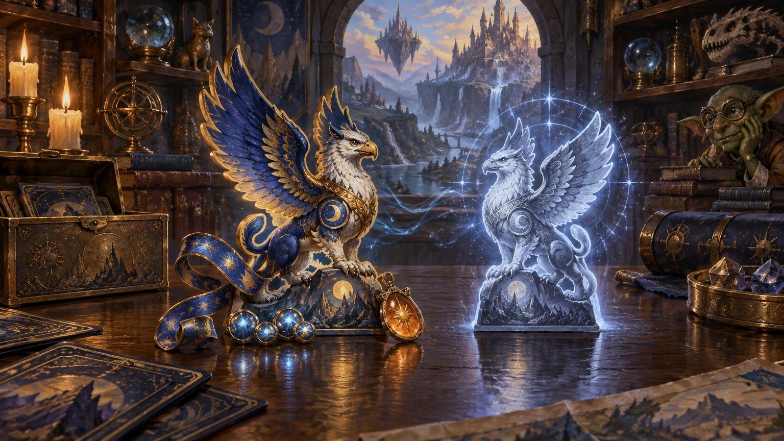Fantasy treasure room with a blue-and-gold winged griffin figurine beside a glowing translucent duplicate, surrounded by ornate card-like paper pieces, books, crystals, and a goblin collector; a floating castle landscape fills the arched window behind them.