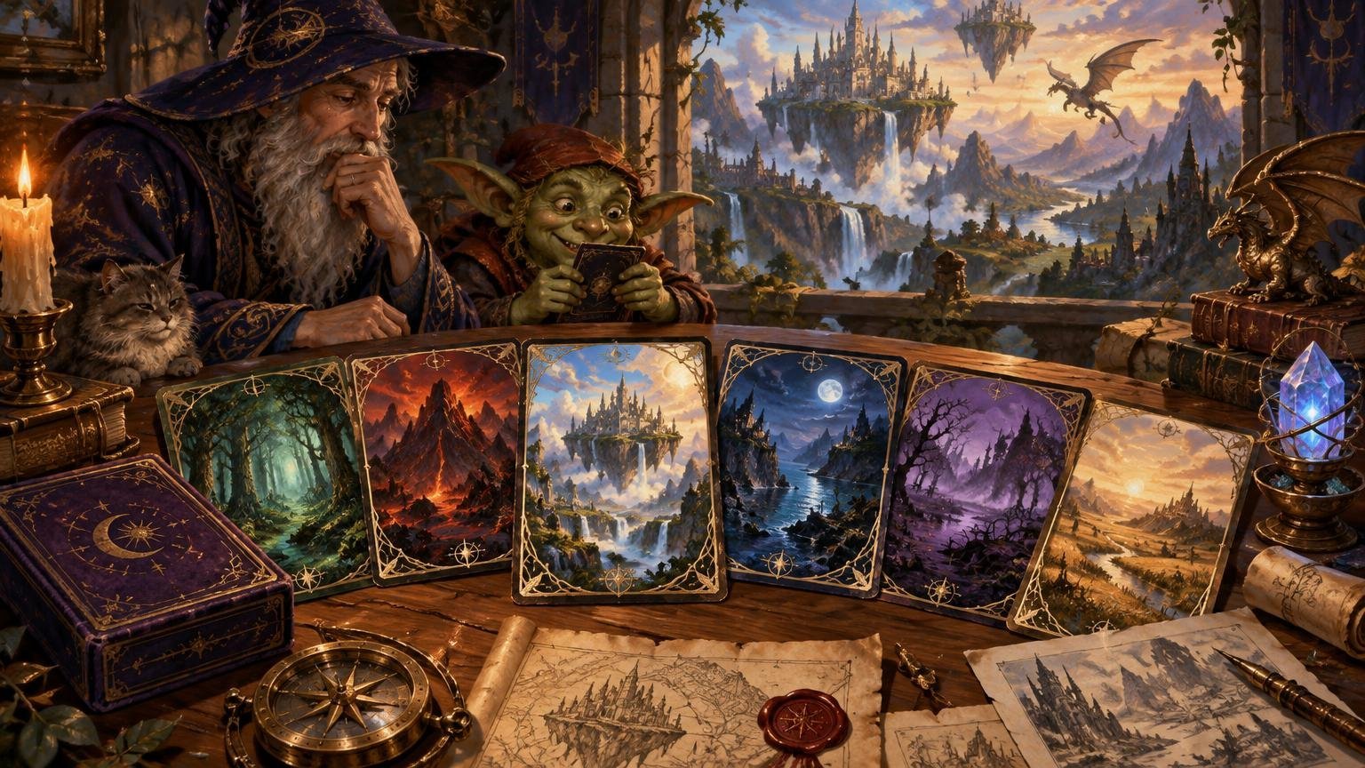 Fantasy scene of an elderly wizard and a green goblin admiring a set of ornate landscape cards on a wooden table, with a cat, candles, books, maps, crystal, dragon statuette, and floating castle visible beyond a window.
