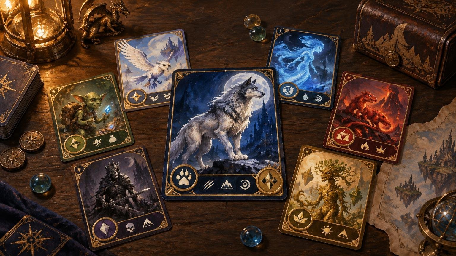 Painterly fantasy tabletop scene with a central wolf card surrounded by illustrated creature cards, glowing lantern, marbles, coins, a leather case, and a map on a wooden table.