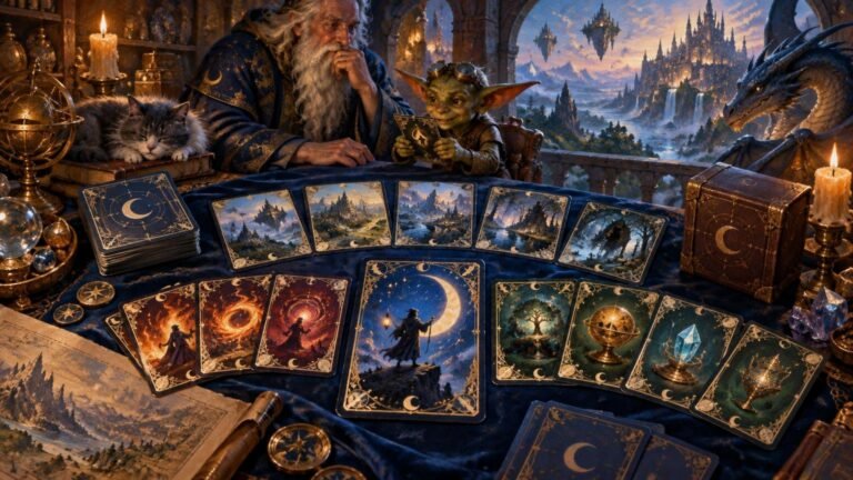 Fantasy collector’s table covered with moon-and-star-backed illustrated cards, watched by an elderly wizard, a goggle-wearing goblin, and a dragon, with a floating castle landscape beyond.