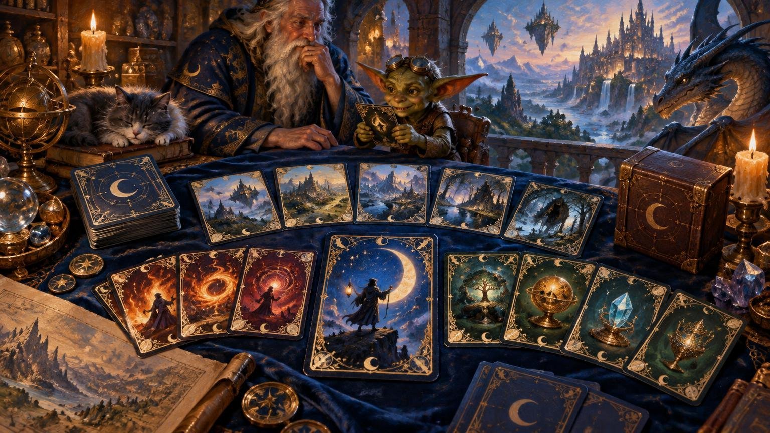 Fantasy collector’s table covered with moon-and-star-backed illustrated cards, watched by an elderly wizard, a goggle-wearing goblin, and a dragon, with a floating castle landscape beyond.