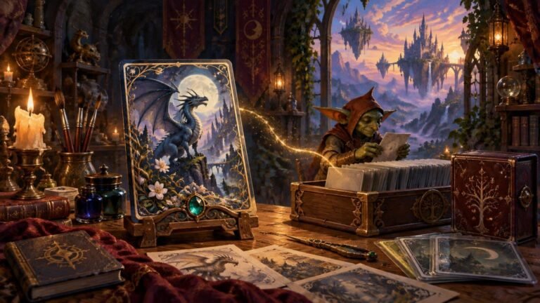 Painterly fantasy scene of a goblin collector sorting a chest of cards beside a large dragon card, ornate cases, art supplies, and a floating castle landscape.