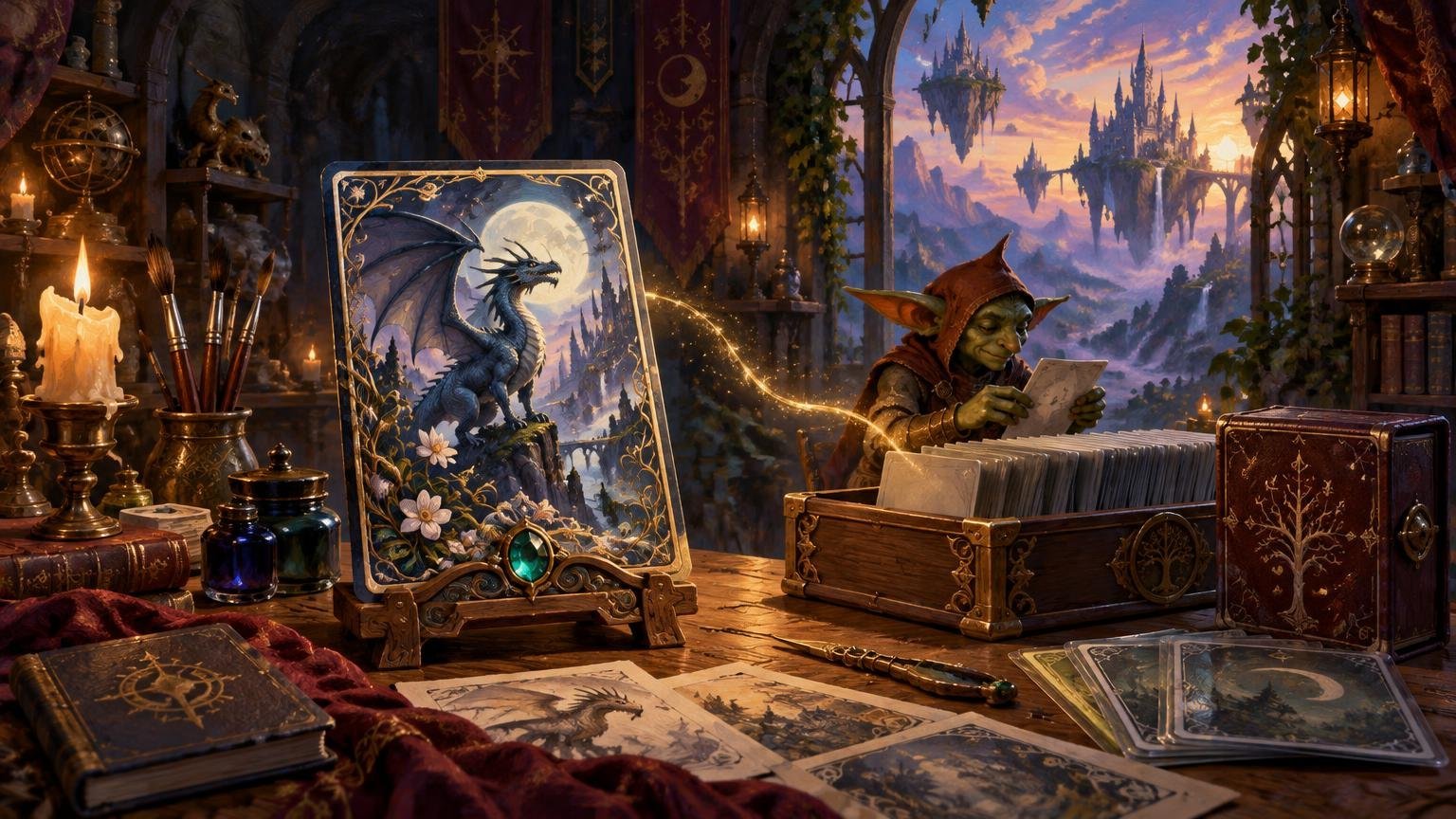 Painterly fantasy scene of a goblin collector sorting a chest of cards beside a large dragon card, ornate cases, art supplies, and a floating castle landscape.