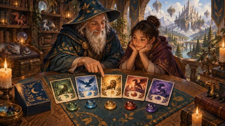 Painterly fantasy scene of an elderly wizard teaching a young woman at a candlelit table, pointing to five illustrated cards arranged with matching colored tokens; shelves of books and small dragons frame a floating castle landscape beyond the window.
