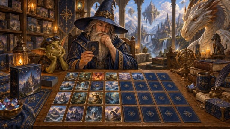 Painterly fantasy scene of a blue-robed wizard and goggle-wearing goblin arranging a large grid of illustrated cards on a wooden table, surrounded by matching card boxes, books, crystals, candles, and a white dragon overlooking floating castles.