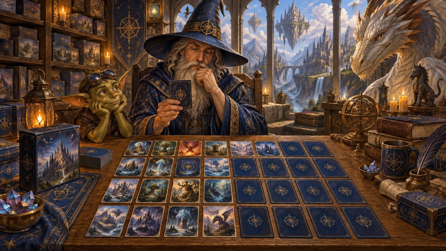 Painterly fantasy scene of a blue-robed wizard and goggle-wearing goblin arranging a large grid of illustrated cards on a wooden table, surrounded by matching card boxes, books, crystals, candles, and a white dragon overlooking floating castles.