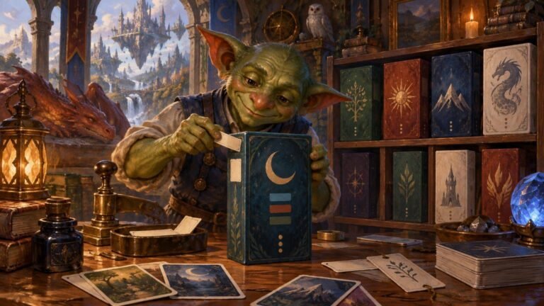 Painterly fantasy scene of a green goblin applying blank labels to a blue deck box, surrounded by decorated card boxes, loose illustrated cards, books, a dragon, and a floating castle landscape.