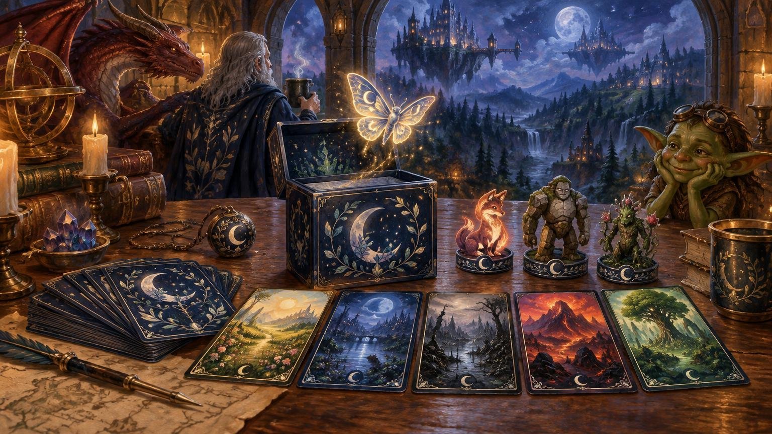 Painterly fantasy tabletop scene with matching moon-and-vine card backs, illustrated landscape cards, a decorated deck box, themed tokens, a goblin collector, dragon, wizard, and a moonlit floating castle beyond an arched window.